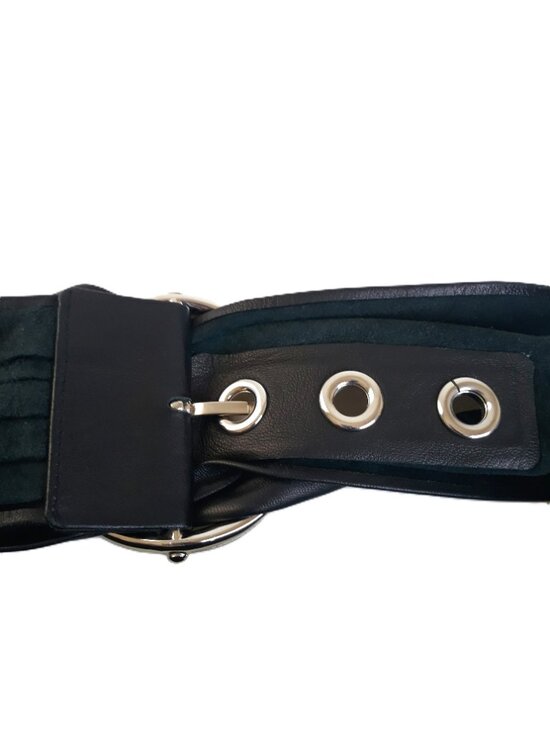 Susie Roher Black Leather Grommet Statement Waist Belt Boho Artsy Chic